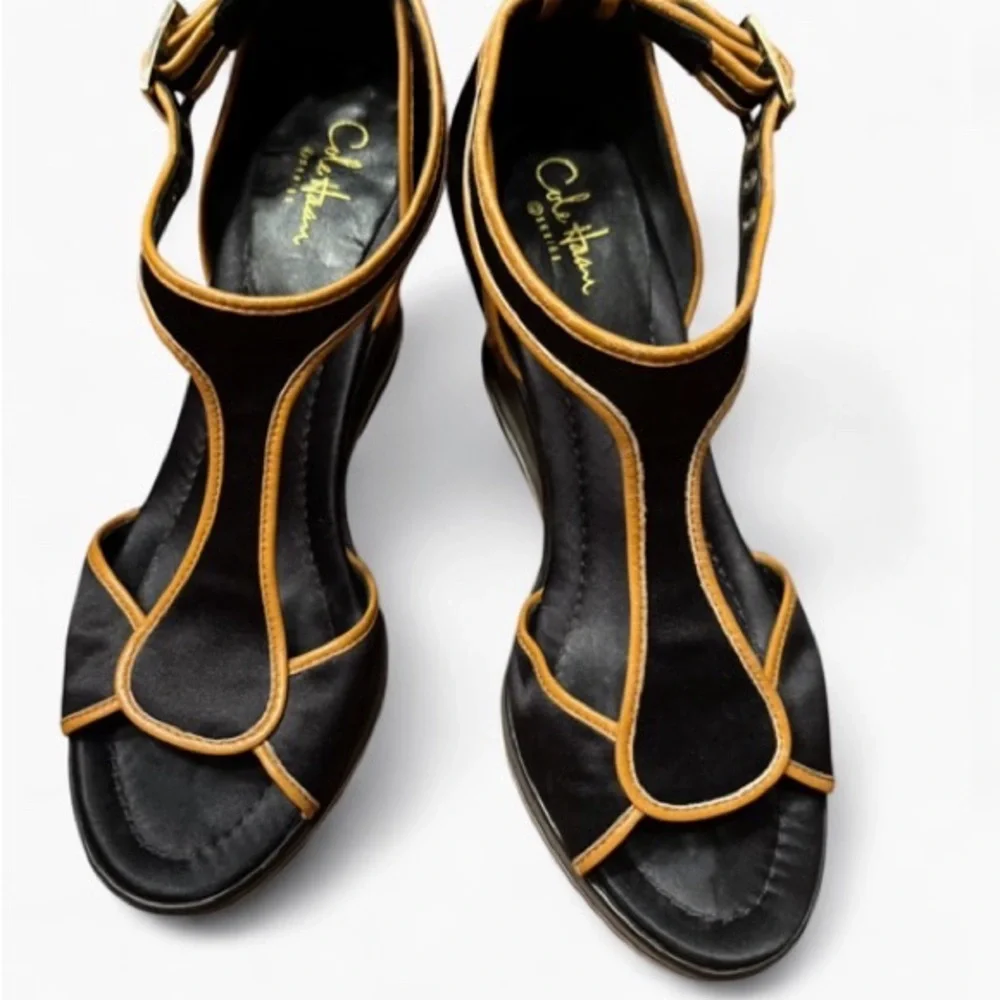 VINTAGE COLE HAAN AIR RICKI NIKE Wedge Sandals Women’s SZ 8 Black & Tan T-Strap